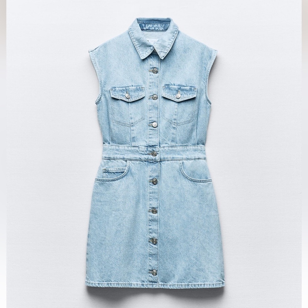 New ZARA Sleeveless Denim Mini Dress - Picture 6 of 9